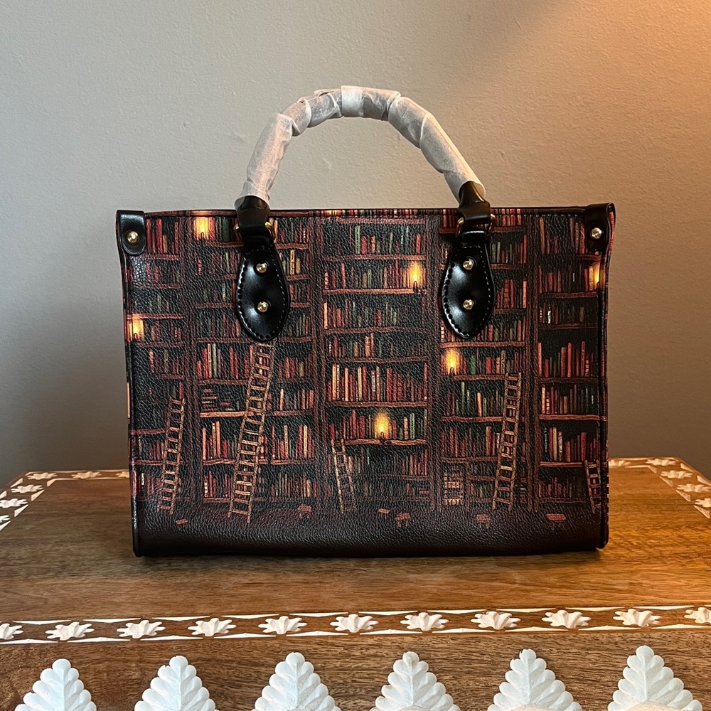 Library Print Structured Tote Bag in Dark Brown and Black